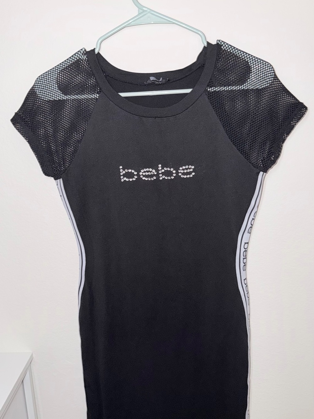 bebe Black Short Sleeve Mesh Logo Tee with Side Stripes